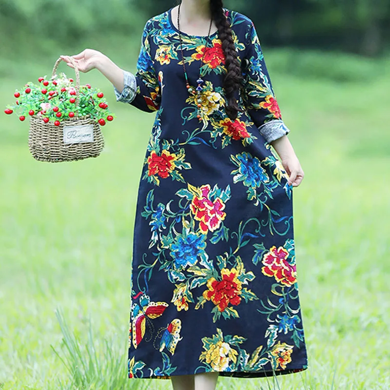 Spring Autumn Women Print Cotton Dress Long sleeve Round Neck Casual Long Dresses Robe Vestidos Plus size Loose female clothing
Spring Autumn Women Print Cotton Dress Long sleeve Round Neck Casual Long Dresses Robe Vestidos Plus size Loose female clothing