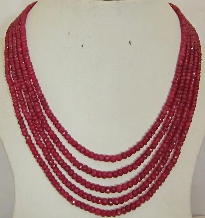 

Stunning 5-row 2x4 mm natural faceted Red ruby abacus Beads necklace 17-21" WW BB