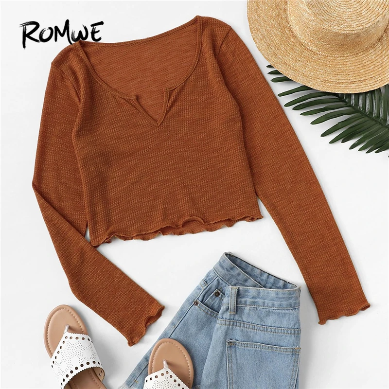 ROMWE Rust V Cut Neck Lettuce Trim Solid Tee Shirt Women Casual Spring Autumn Clothes Tops Long Sleeve Crop Slim Fit T Shirt
ROMWE Rust V Cut Neck Lettuce Trim Solid Tee Shirt Women Casual Spring Autumn Clothes Tops Long Sleeve Crop Slim Fit T Shirt