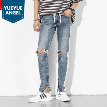 High Street Jeans Men Hole Ripped Washed Blue Side Striped Zipper Slim Fit Denim Pants Fashion Drawstring Beggar Trousers Male
High Street Jeans Men Hole Ripped Washed Blue Side Striped Zipper Slim Fit Denim Pants Fashion Drawstring Beggar Trousers Male