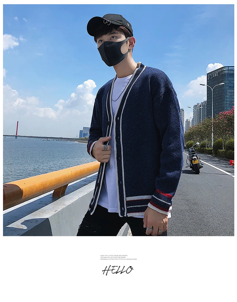 Check Button Cardigan Male Oversize Loose Streetwear (12)