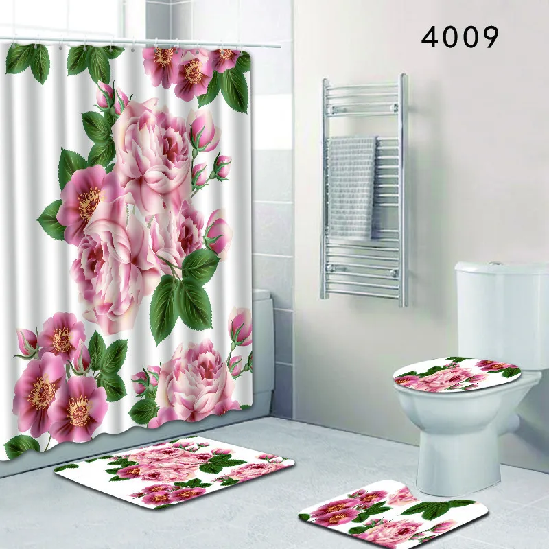Waterproof Bathroom Pink Roses And Flower Vine Shower Curtain Anti-Slip Mats