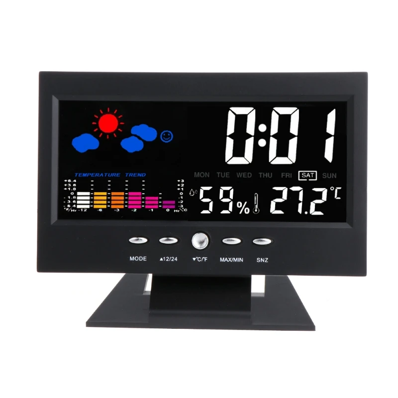 LCD Digital Thermometer Hygrometer Alarm Clock Calendar Colorful Display Sound Control
LCD Digital Thermometer Hygrometer Alarm Clock Calendar Colorful Display Sound Control
