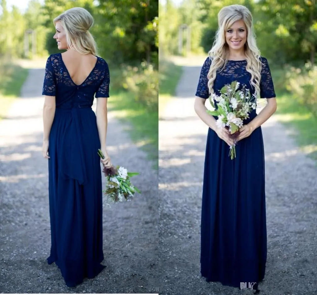 2019 Country Bridesmaid Dresses Hot Long For Weddings Navy Blue Chiffon Short Sleeves Illusion Lace Beads Floor Length
2019 Country Bridesmaid Dresses Hot Long For Weddings Navy Blue Chiffon Short Sleeves Illusion Lace Beads Floor Length