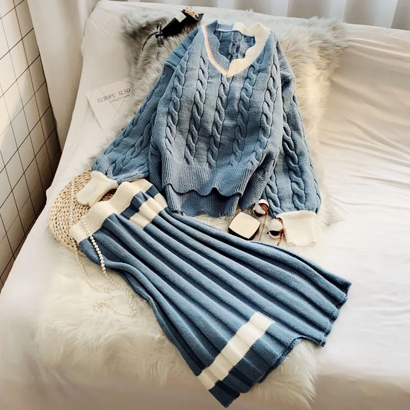 2019 new women 2 pieces skirts sets ruffles v-neck lantern sleeved knitted sweaters and pleated loose skirts lady elegant suits
2019 new women 2 pieces skirts sets ruffles v-neck lantern sleeved knitted sweaters and pleated loose skirts lady elegant suits
