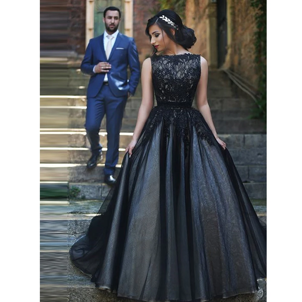 Dressv Vintage Long A-Line Sleeveless Lace Evening Dress Black