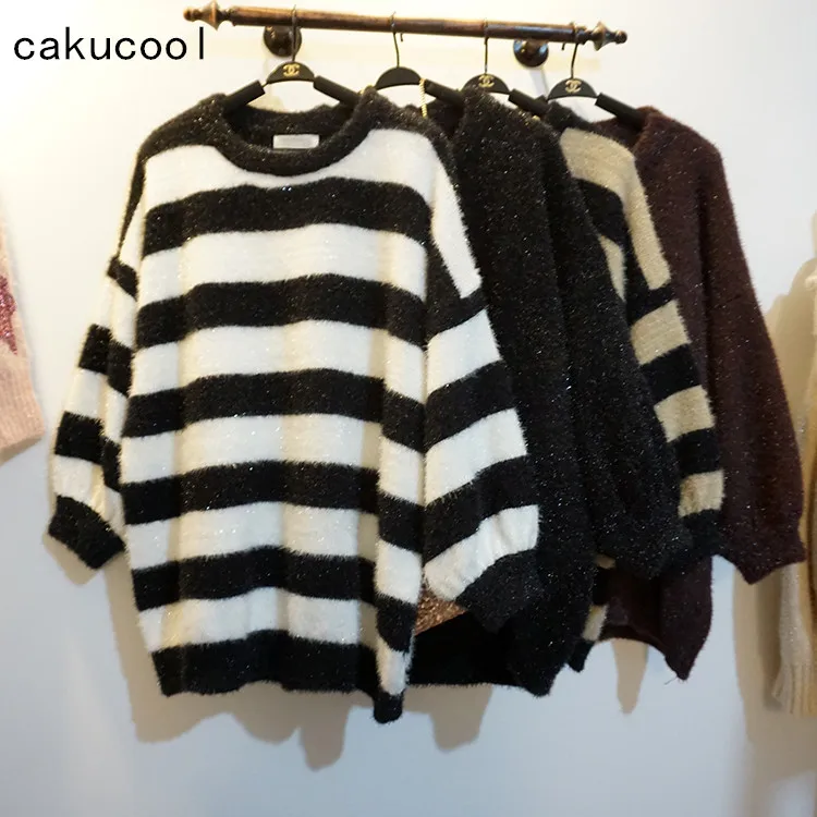 Cakucool Women Furry Long Sweaters Black White Striped Silver Lurex Jumpers Loose Long Lantern Sleeve Bling Knit Dress Sweaters
Cakucool Women Furry Long Sweaters Black White Striped Silver Lurex Jumpers Loose Long Lantern Sleeve Bling Knit Dress Sweaters