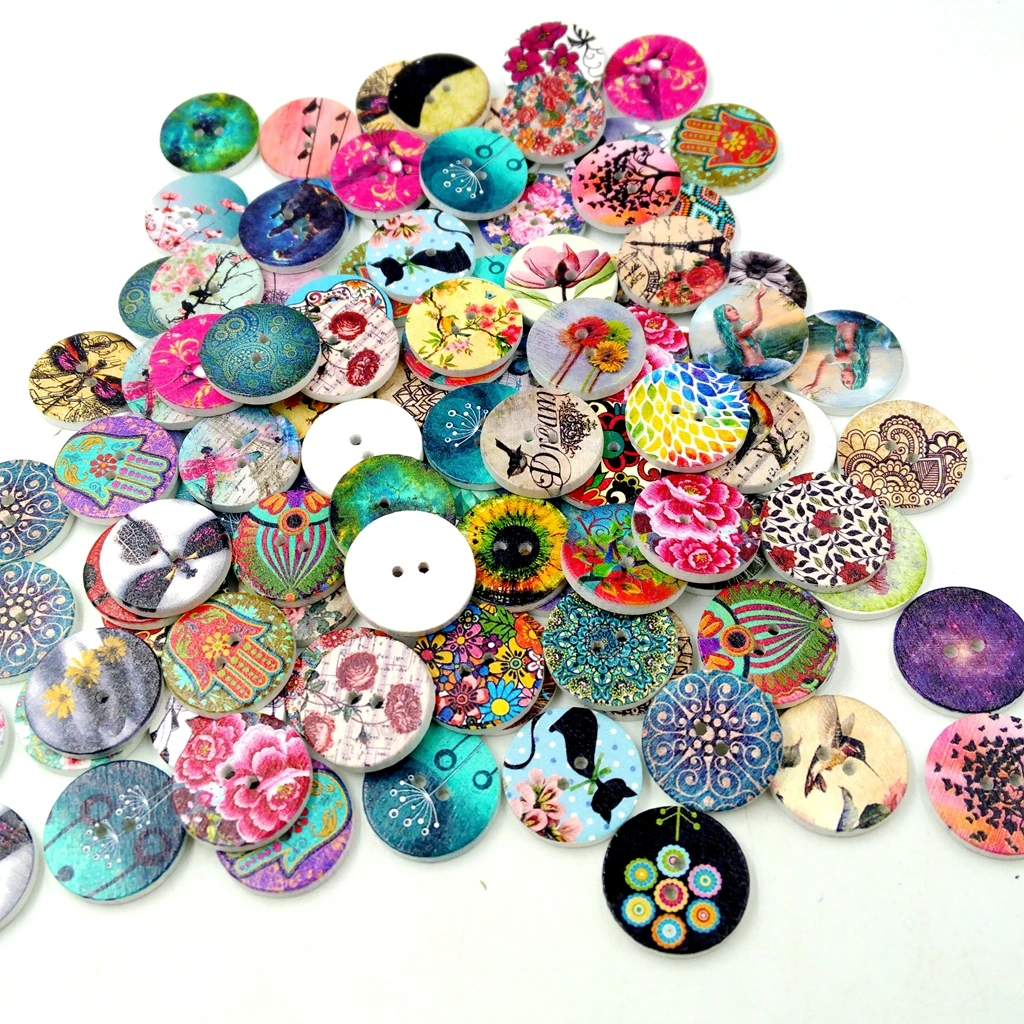 100 Pieces 2 Holes Mixed Printing Round Pattern Wood Buttons Scrapbooking 20mm 100 Pieces 2 Holes Mixed Printing Round Pattern Wood Buttons Scrapbooking 20mm