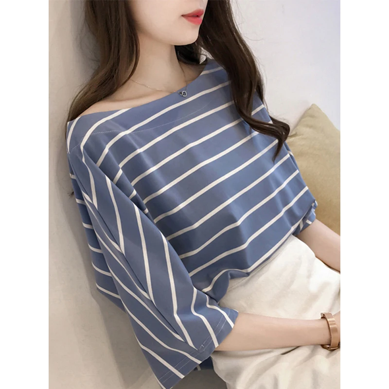One-Shoulder Female Summer Short-Sleeved 2022 New Off-Shoulder Loose Cotton T-Shirt Women's Striped Shirt W444
One-Shoulder Female Summer Short-Sleeved 2022 New Off-Shoulder Loose Cotton T-Shirt Women's Striped Shirt W444