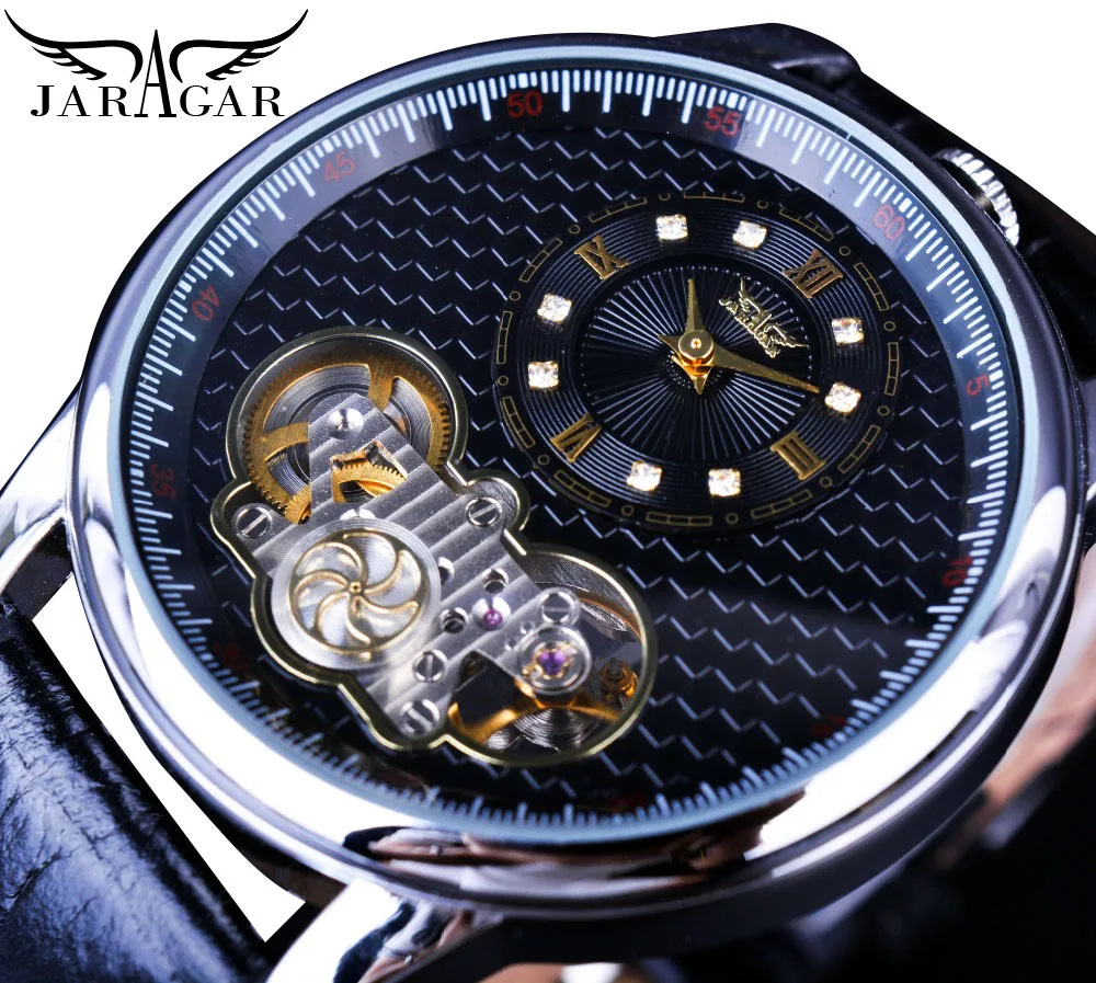 JARAGAR Tourbillon Automatic Dual Movement Skeleton Rotate Gear Mechanical Quartz Black Leather Watches Mens High Quality Clock
JARAGAR Tourbillon Automatic Dual Movement Skeleton Rotate Gear Mechanical Quartz Black Leather Watches Mens High Quality Clock