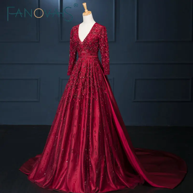 A-line V-neck Long Sleeve Open Back Red Color Satin Embroidery Applique Back See Through Long Evening Dress with Corset
A-line V-neck Long Sleeve Open Back Red Color Satin Embroidery Applique Back See Through Long Evening Dress with Corset
