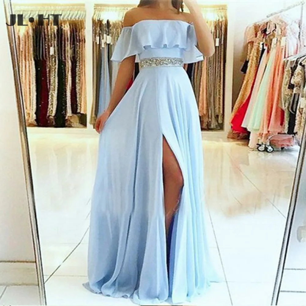 Elegant Off Shoulder Evening Dresses Long Front Slit Chiffon Prom Dress Beaded Crystals Belt A-Line Evening Gowns
Elegant Off Shoulder Evening Dresses Long Front Slit Chiffon Prom Dress Beaded Crystals Belt A-Line Evening Gowns