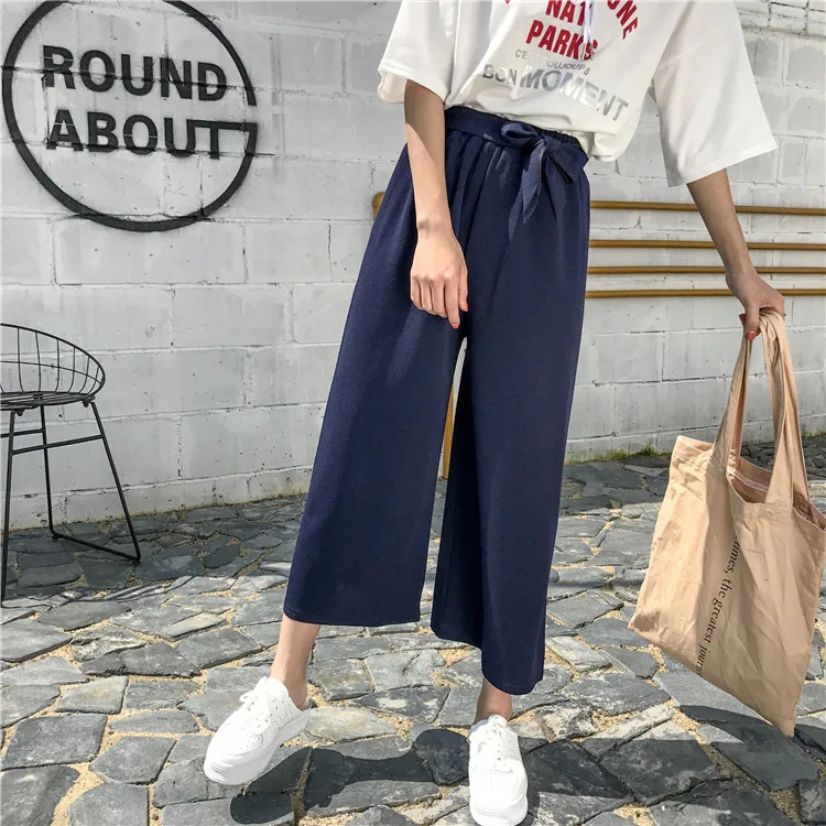 Plus Size - Casual Elastic Waist Loose Wide Leg Pants Preppy Style Trousers Female Palazzo Pants (Us 18W-20W)