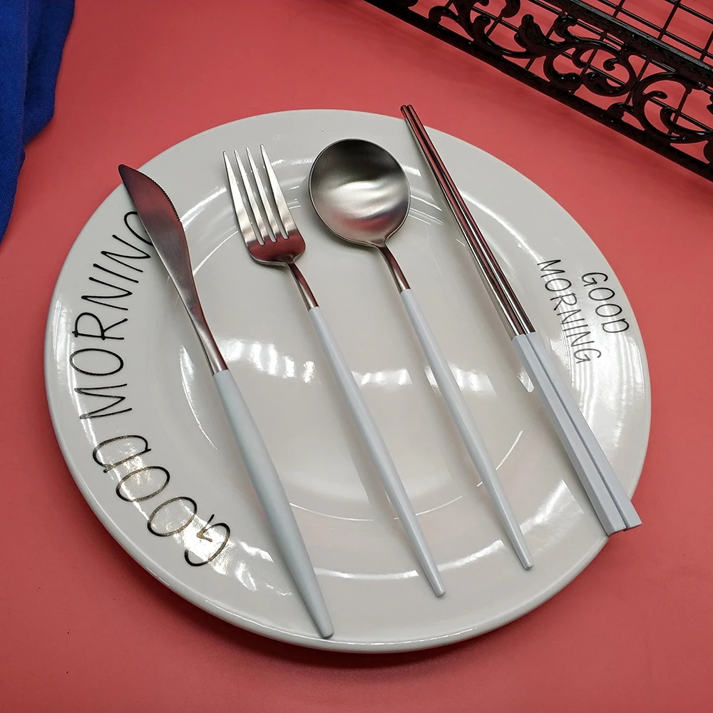 Hot 4pcs White Silver Dinnerware 304 Stainless steel Knife Fork Spoon Chopsticks Cutlery Kitchen Food Tableware Flatware Set
Hot 4pcs White Silver Dinnerware 304 Stainless steel Knife Fork Spoon Chopsticks Cutlery Kitchen Food Tableware Flatware Set