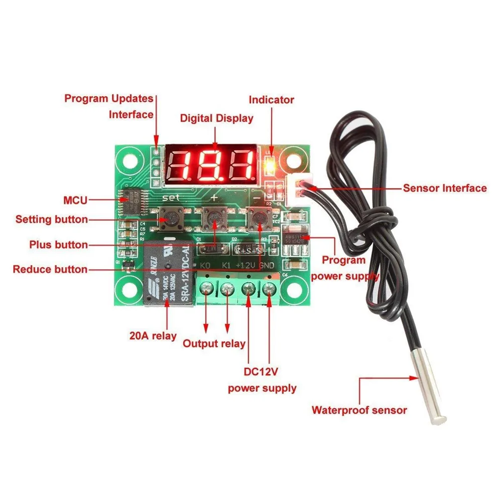 W1209 DC 12V Digital Cool/Heat Temp Thermostat Thermometer Temperature Controller On/Off Switch -50-110C+W1209 Case Acrylic Box
W1209 DC 12V Digital Cool/Heat Temp Thermostat Thermometer Temperature Controller On/Off Switch -50-110C+W1209 Case Acrylic Box