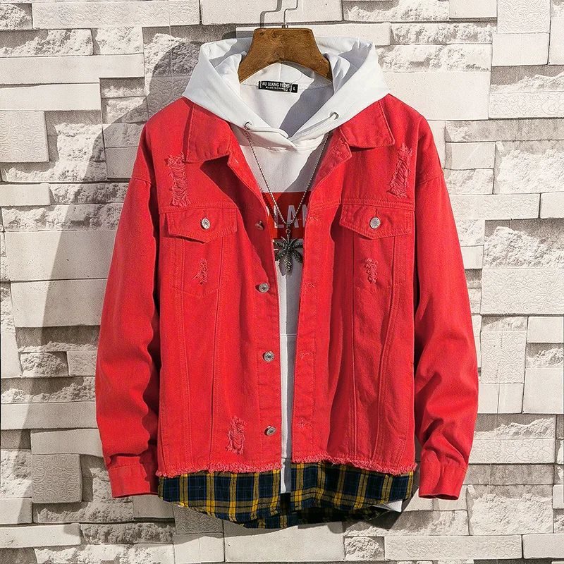 Holes Denim Jackets New Spring Autumn Men Red Jean Jackets And Coats Cotton Casual Denim Coats Loose Jean Coats Size 3XL
Holes Denim Jackets New Spring Autumn Men Red Jean Jackets And Coats Cotton Casual Denim Coats Loose Jean Coats Size 3XL
