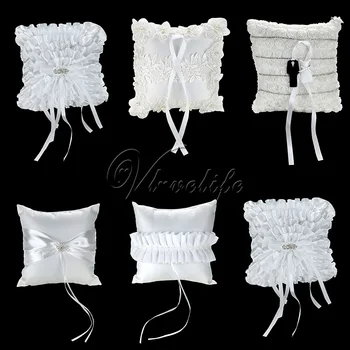 

20x20 cm White Wedding Ring Pillow with Satin Ribbons Bow Ring Bearer Cushion for Wedding Event Party Favors Home Decor