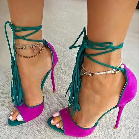 

Women Chic Fuchsia Suede Fringe Sandals Concise Ultra High Heels Lace-up Tassel Shoes Cross Tied Strappy Sandals Big Size 12
