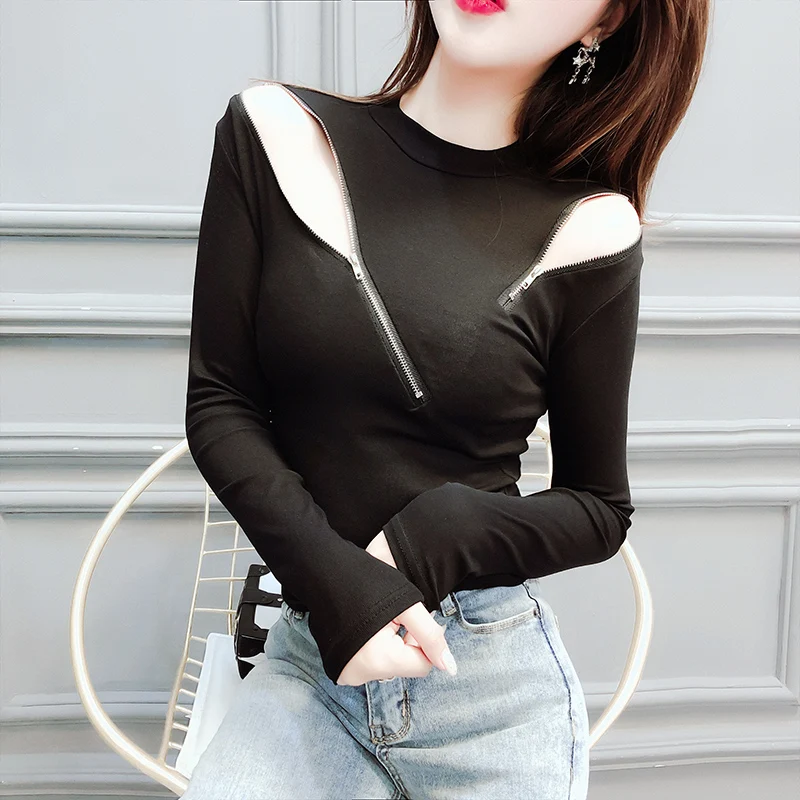 Sexy T-shirt Women Off-shoulder Zipper Decoration Irregular Tops Stretchy Slim Long Sleeve Camiseta Mujer T94994
Sexy T-shirt Women Off-shoulder Zipper Decoration Irregular Tops Stretchy Slim Long Sleeve Camiseta Mujer T94994