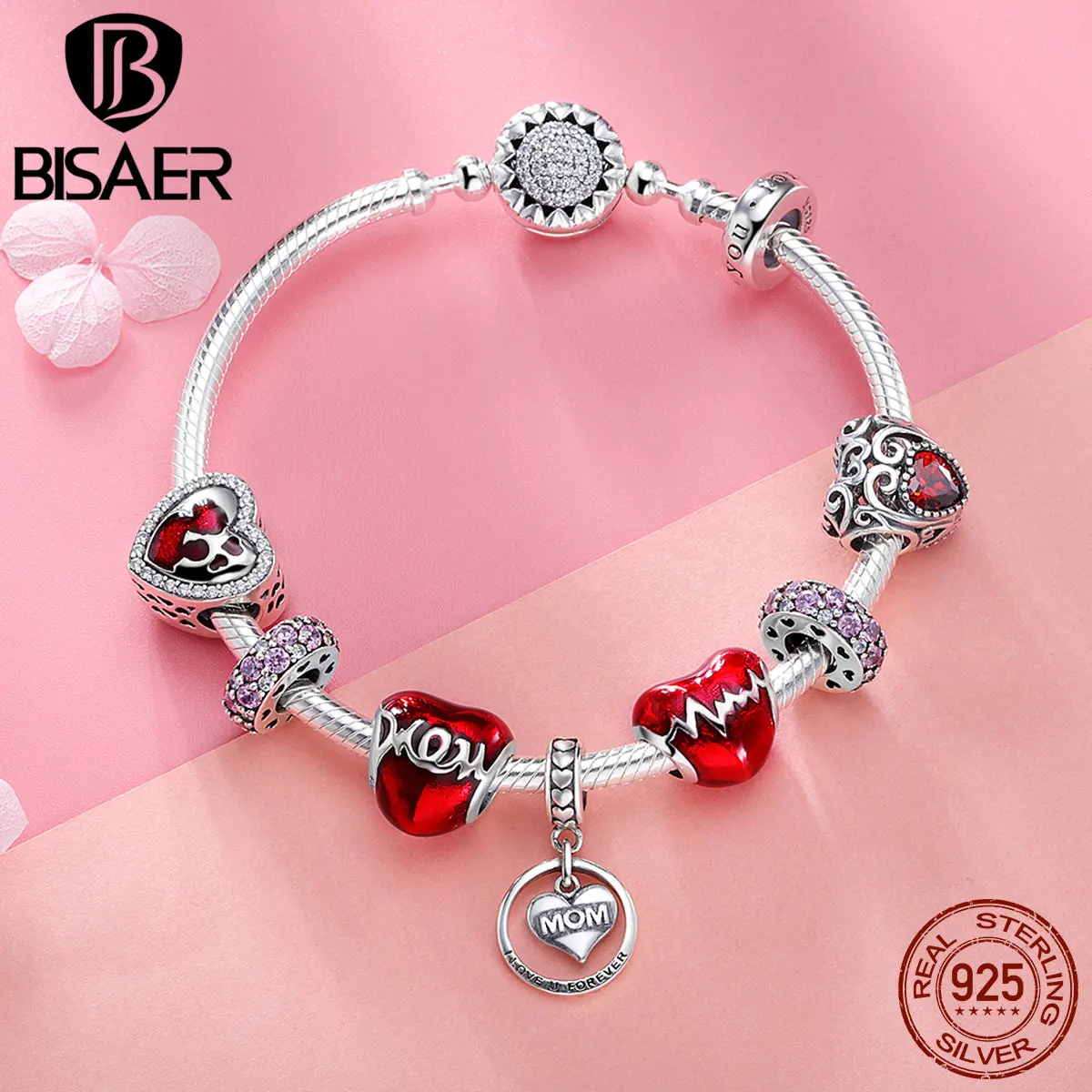 BISAER 9pc Authentic 925 Sterling Silver Mom Letters Red Heart Enamel Charm Bracelet For Women Mother Gift Silver Bangle GXB807 
BISAER 9pc Authentic 925 Sterling Silver Mom Letters Red Heart Enamel Charm Bracelet For Women Mother Gift Silver Bangle GXB807