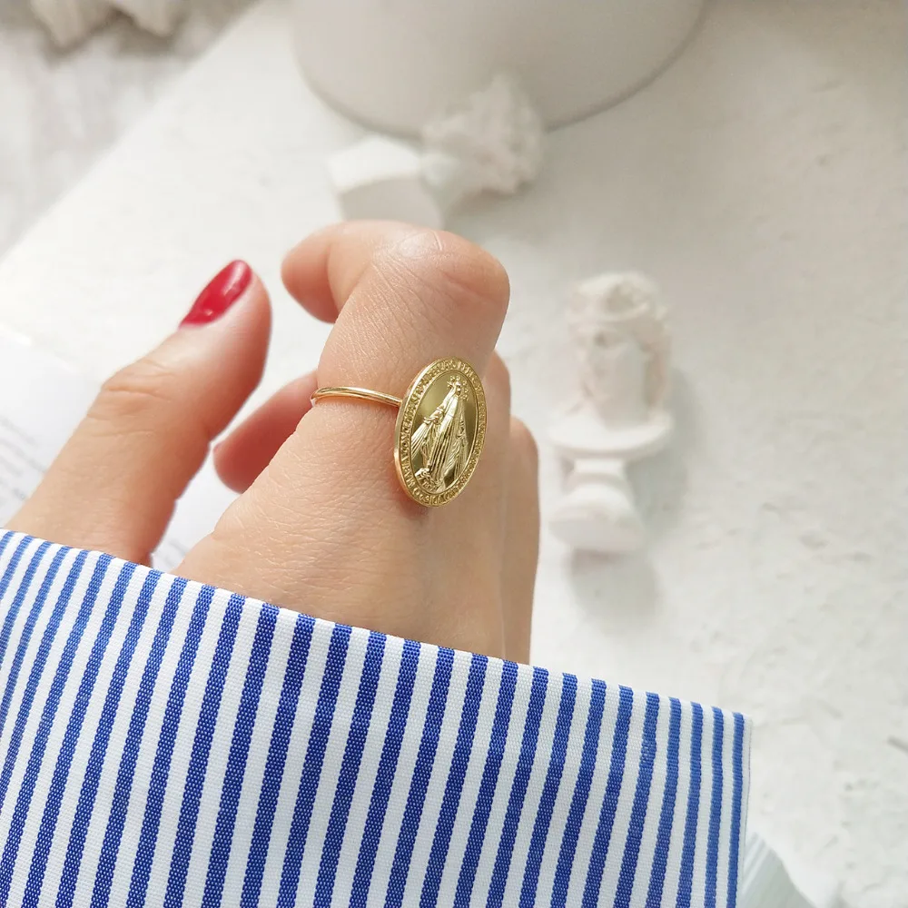 Gold Color Minimalist 925 Sterling Sliver Rings for Women Personalized Abstract Mary Portrait Coin Open Rings Engagement Bijoux (7)