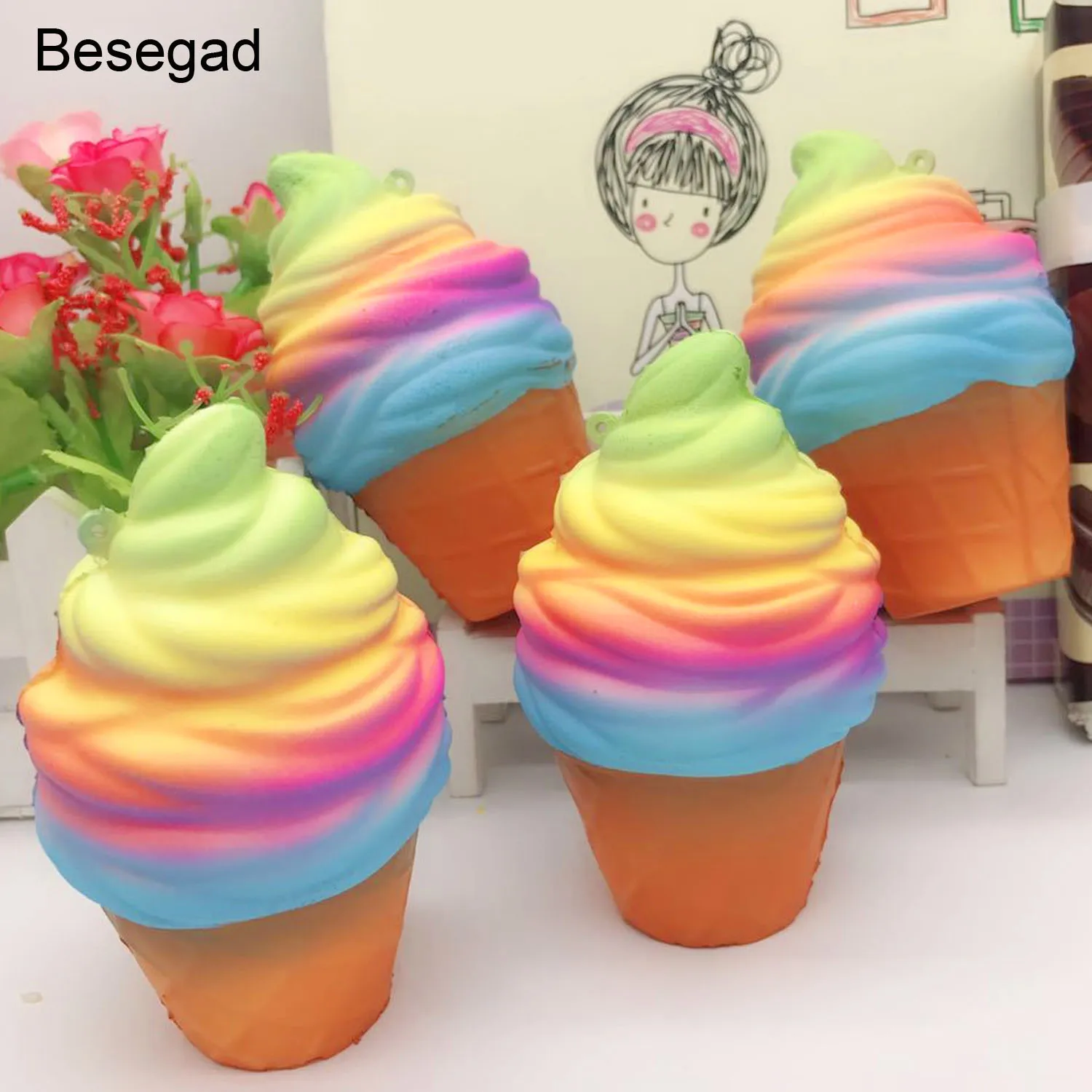 

Besegad Jumbo Big Cute Kawaii Ice Cream Cone Food Squishy Squishi Slow Rising Toy for Adults Relieves Stress Anxiety Props