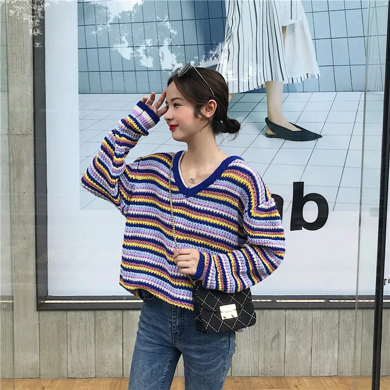 Rainbow V-neck Loose Striped Contrast Sweater Women's Sweaters Lady Cute Kawaii Female Vintage Harajuku Ulzzang Jumper For Women
Rainbow V-neck Loose Striped Contrast Sweater Women's Sweaters Lady Cute Kawaii Female Vintage Harajuku Ulzzang Jumper For Women