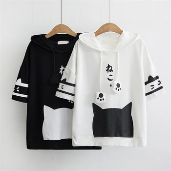 Spring Summer New Women's Loose Hoodies Large Size Cute Cartoon Cat Pullovers Women Hooded Short Sleeve Casual Tops
Spring Summer New Women's Loose Hoodies Large Size Cute Cartoon Cat Pullovers Women Hooded Short Sleeve Casual Tops