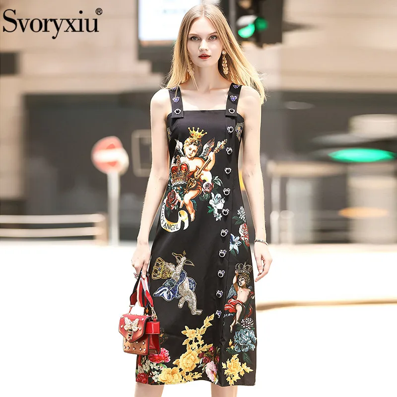 Svoryxiu Runway Summer Black Vintage Party Spaghetti Strap Dress Women's luxury Diamond Single Breasted Angel Print Dress
Svoryxiu Runway Summer Black Vintage Party Spaghetti Strap Dress Women's luxury Diamond Single Breasted Angel Print Dress