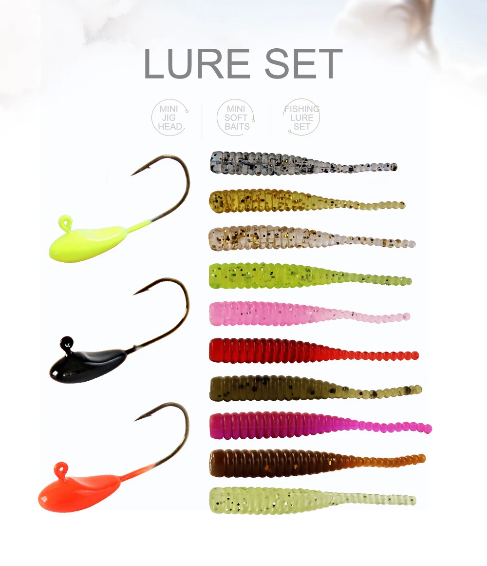 RoseWood New Freshwater Fishing Lures Kit 1.1g Micro Lead Head Hooks Soft Artificial Worm Baits Sea Bass Carp Fishing Jig Group (1)