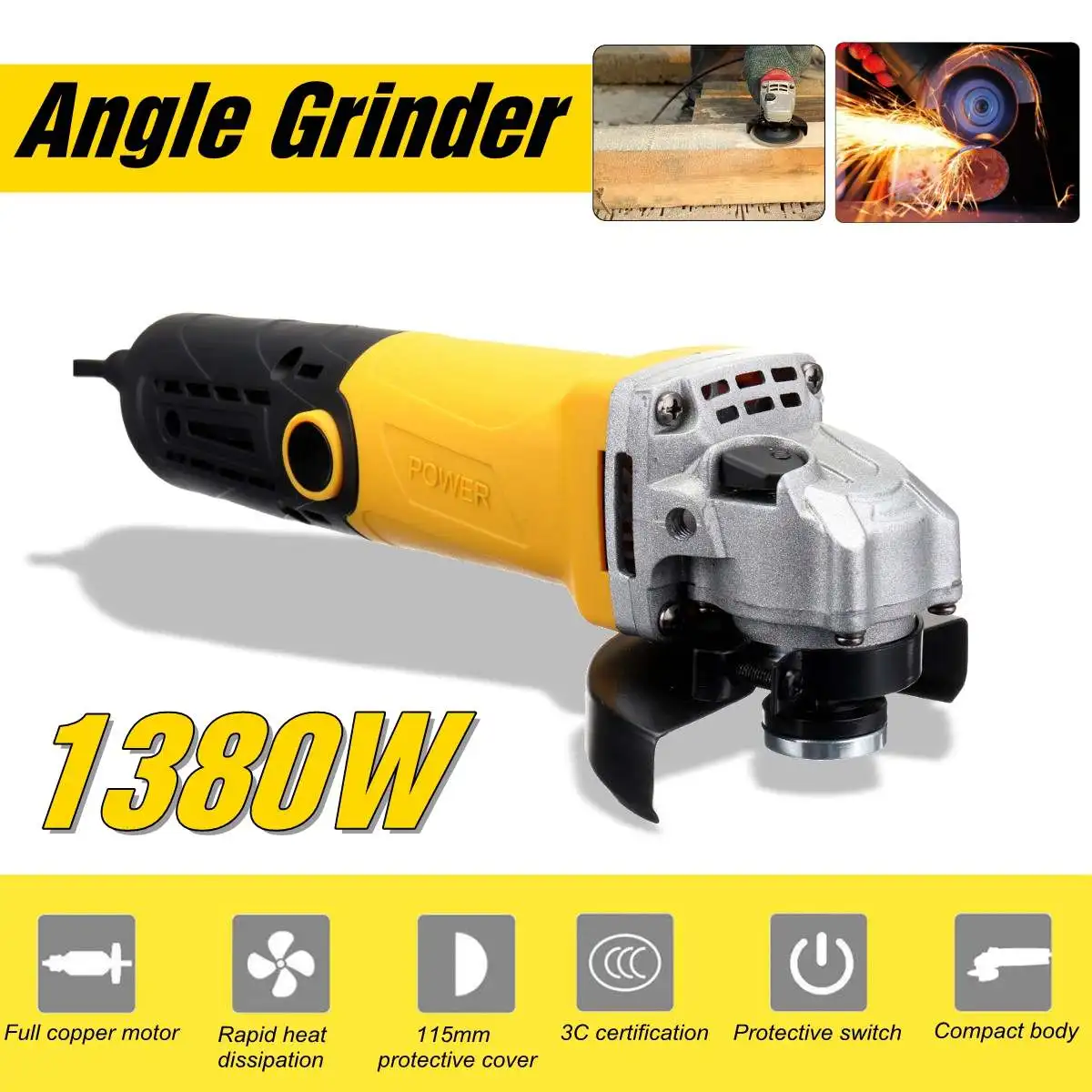 Metal Cutting Tool 220V/50Hz 1380W Electric Angle Grinder Grinding Machine 11000RPM Adjustable Anti-Slip Powerful Protect
Metal Cutting Tool 220V/50Hz 1380W Electric Angle Grinder Grinding Machine 11000RPM Adjustable Anti-Slip Powerful Protect