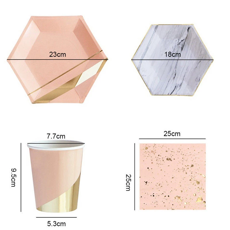 JX-LCLYL Gold Pink Marble Texture Tableware Plates Set Children Birthday Party Decoration