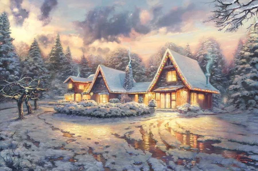 Art Print Thomas Kinkade-Christmas Lodge Limited Edition Paper (Uncanvas)-Classic Home Decorations Pictures For Bedroom | Дом и сад