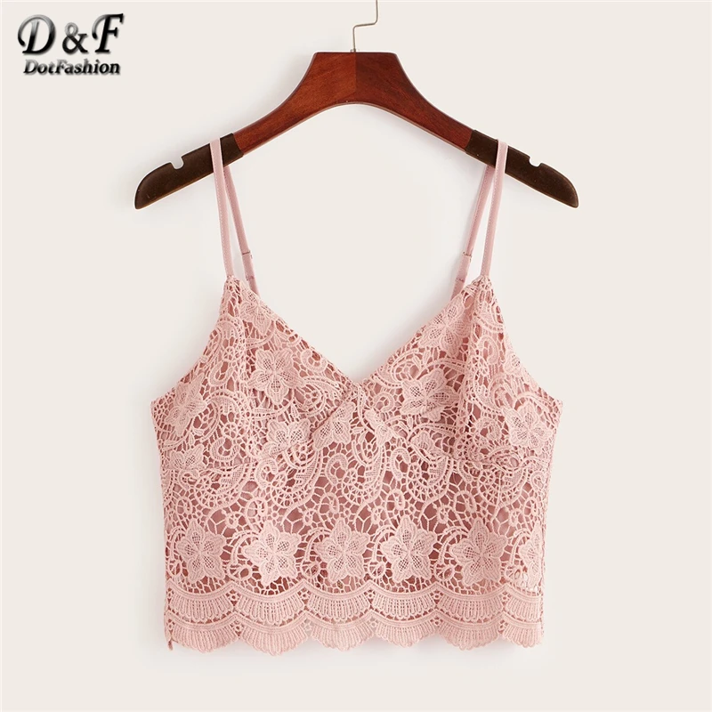 

Dotfashion Solid Guipure Lace Zip Back Crop Cami Top 2019 Summer Tops For Women Clothes Casual Vest Ladies Boho Scallop Camisole