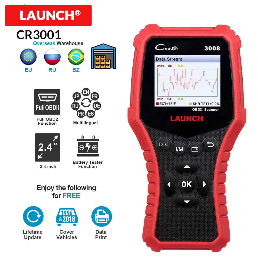 LAUNCH Creader 3008 code reader support full OBDII+Battery tester function CR3008 Scanner obd2 diagnostic tool free update KW850
LAUNCH Creader 3008 code reader support full OBDII+Battery tester function CR3008 Scanner obd2 diagnostic tool free update KW850
