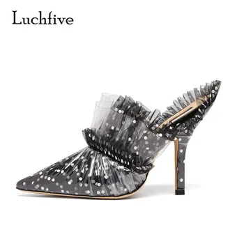 

PVC Covered Black Lace Polka Dot Stiletto Mules Elegant Pointed Toe Ruffles Dress Shoes Women High Heels
