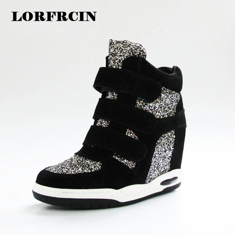 2017 Autumn Winter Women Ankle Boots High Top Women Casual Shoes Hidden Increasing Shoes Sequins Women Shoes LORFRCIN