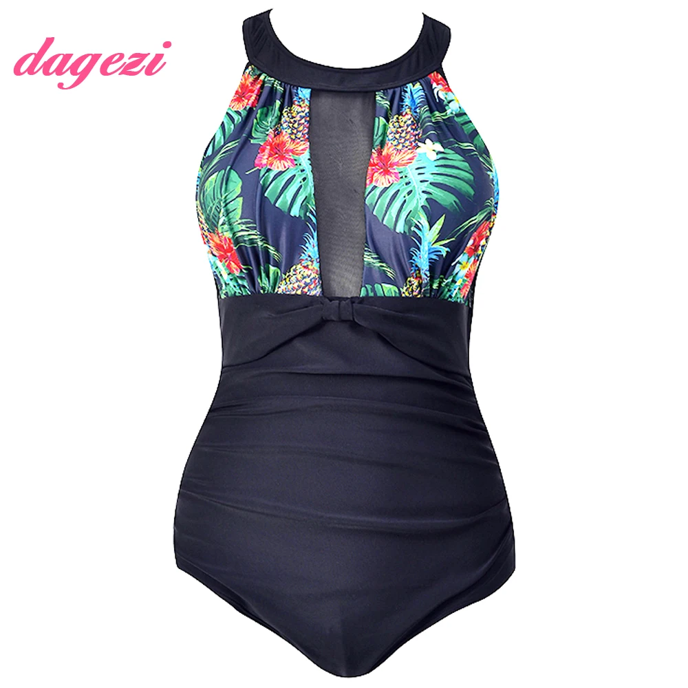 Women Floral Printed Plus Size One Piece Swimsuit 2018 Retro Large Lace Swimwear Bodysuit Full Coverage Halter Bathing Suit | Спорт и