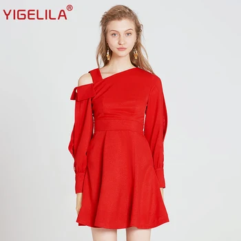 YIGELILA Fashion Women Red One Shoulder Dress Autumn Asymmetrical Neck Lantern Sleeve Empire Slim Solid A-line Dress 63105
YIGELILA Fashion Women Red One Shoulder Dress Autumn Asymmetrical Neck Lantern Sleeve Empire Slim Solid A-line Dress 63105