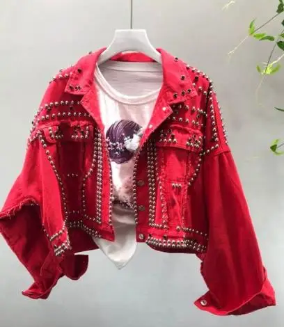 2019 Autumn Women's Harajuku Red Denim Jacket Coat Heavy Hand Beaded Rivet Short Black Jeans Jackets Students Basic Coats Outfit
2019 Autumn Women's Harajuku Red Denim Jacket Coat Heavy Hand Beaded Rivet Short Black Jeans Jackets Students Basic Coats Outfit