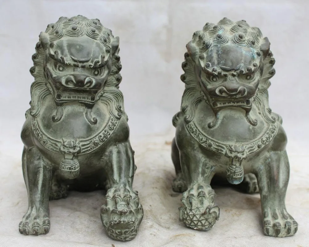 9" Chinese Folk Feng Shui Bronze Foo Fu Dog Guardion Lion Son Ball Statue Pair