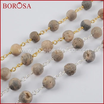 

BOROSA Gold Silver Color 8mm Round Crystal Titanium Champagne Druzy Beaded Chains for DIY Necklace Fashion Jewelry JT158
