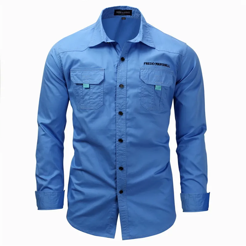 Fredd Marshall Brand Cotton Solid Color Denim Shirts with Pockets Long Sleeve Male Causual Shirt Camisa Masculina Plus Size (5)