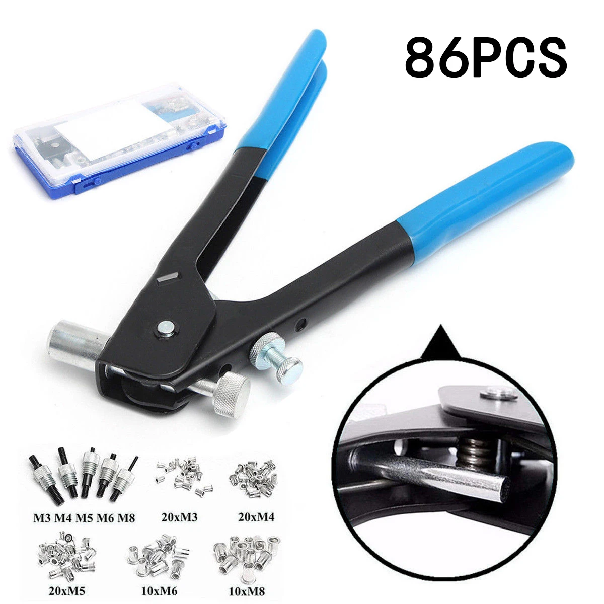 86pcs/set Aluminum alloy M3-M8 Blind Rivet Nuts Threaded Insert and Rivet Tool Riveter Gun with Riveting Kit Tool high quality
86pcs/set Aluminum alloy M3-M8 Blind Rivet Nuts Threaded Insert and Rivet Tool Riveter Gun with Riveting Kit Tool high quality
