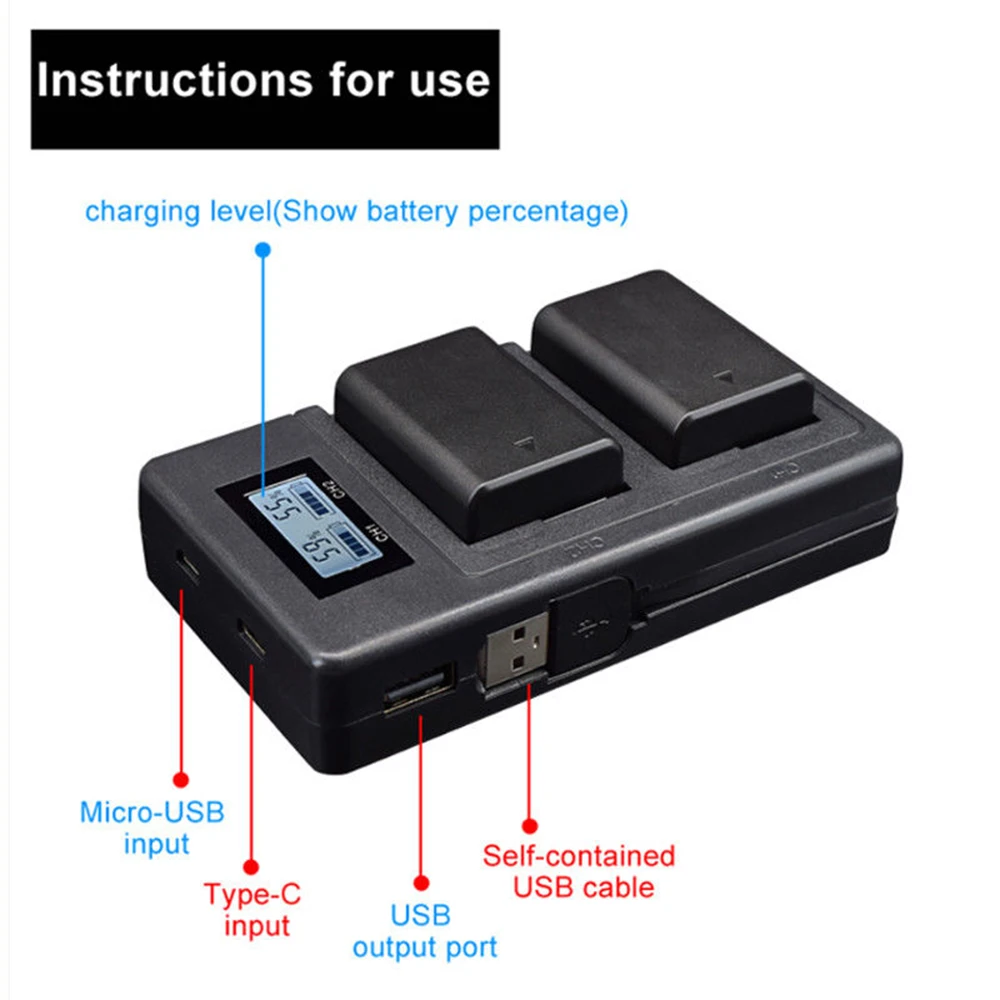 Camera Battery Charger Dual Ports LCD Display NP-FW50 Battery Smart Charger Stand Cradle for Sony Alpha A6000 A6300 A6500 A7r A7
Camera Battery Charger Dual Ports LCD Display NP-FW50 Battery Smart Charger Stand Cradle for Sony Alpha A6000 A6300 A6500 A7r A7