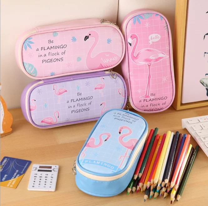 

Kawaii Flamingo PU Large Capacity Waterproof School Pencil Cases Stationery Pencilcase Girls Pen Bag For School Supplies