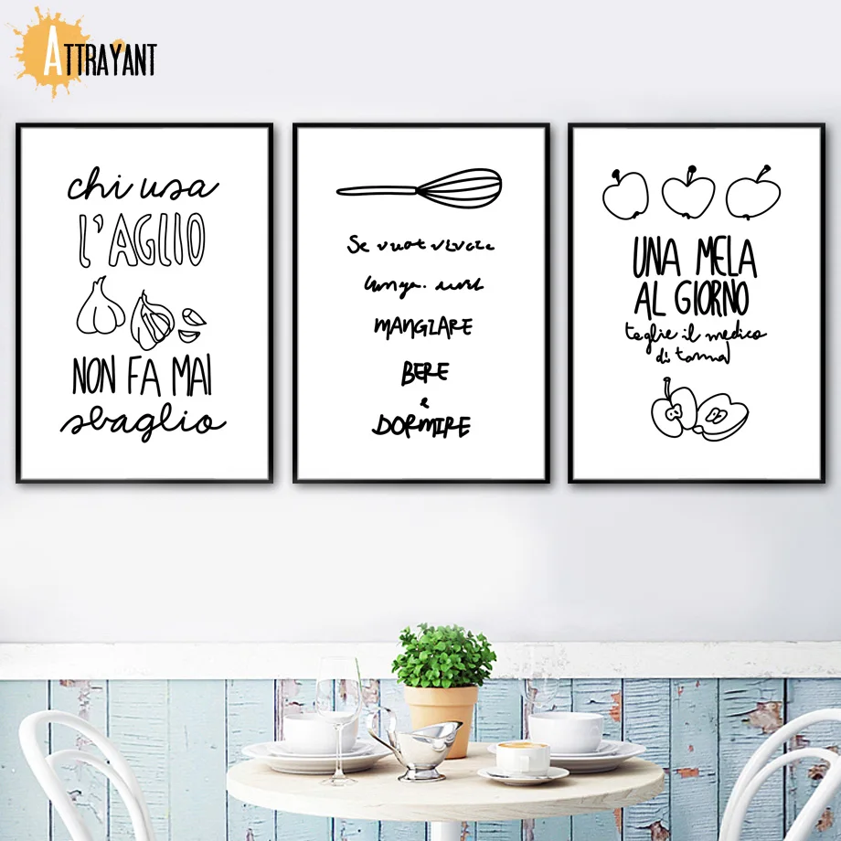

Black White Spoon Apple Italian Proverb Wall Art Canvas Painting Nordic Posters And Prints Wall Pictures For Dining Room Decor