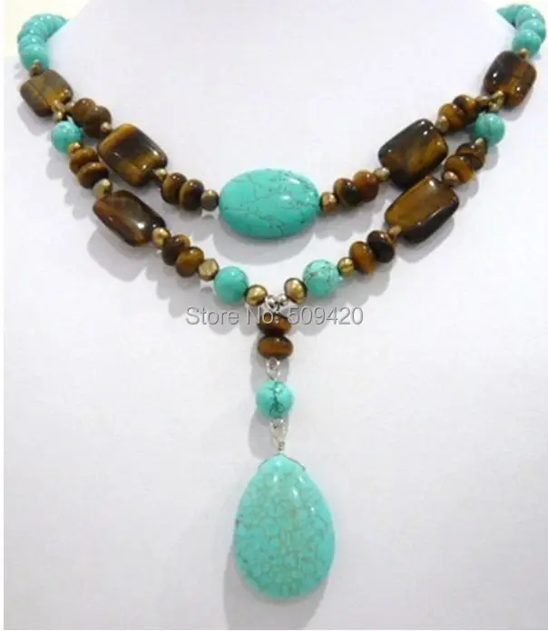 W&O655 >>>> Lovely! 2Strds Brown Pearl &Blue Turkey Turquoise&Tiger's Eye Necklace
W&O655 >>>> Lovely! 2Strds Brown Pearl &Blue Turkey Turquoise&Tiger's Eye Necklace