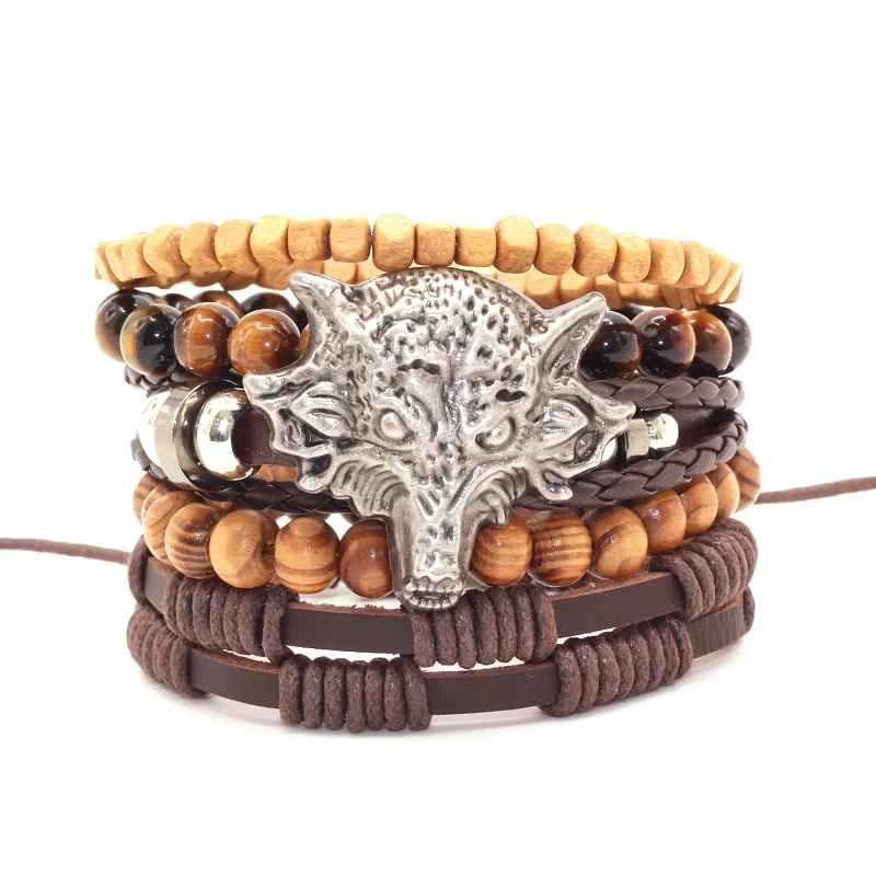 5 pcs/set Bamboo wood Tiger Eye Natural Stone Beads Wolf Head Pull-Closure Genuine Leather Bracelet Men's Fashion Pack | Украшения и