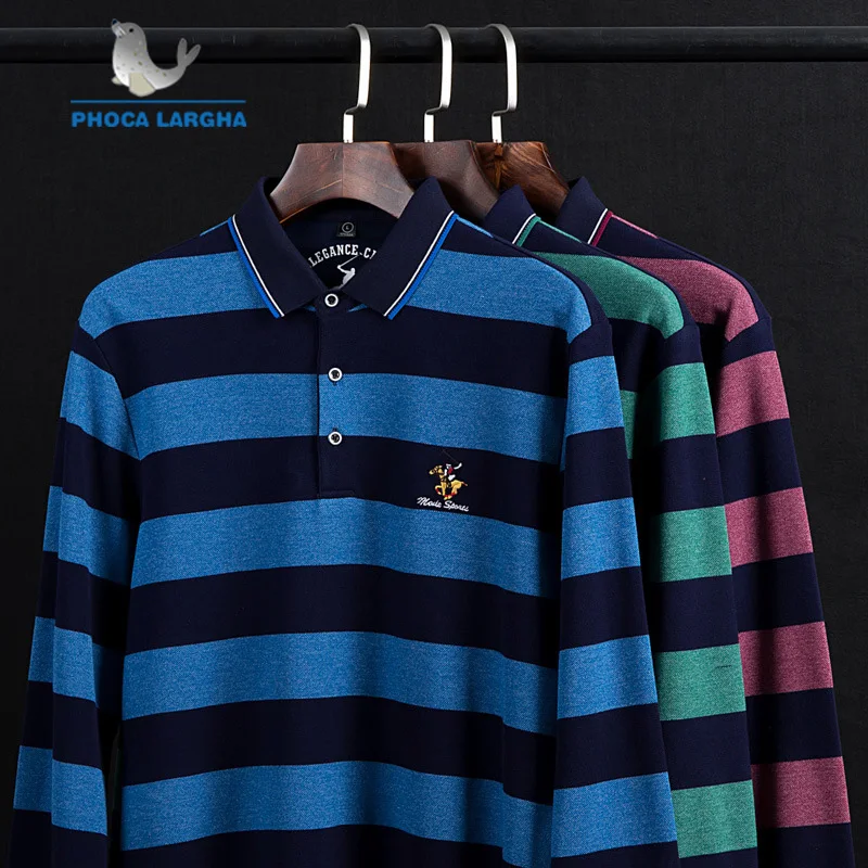 New Men's Polo Shirts 3D Embroidery High Quality Tops For Man Long Sleeve Striped Business Casual Brand Polos para hombre | Мужская